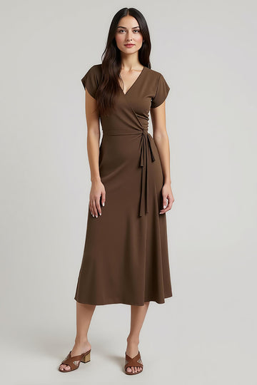 Brown A Line Satin V-Neck Semi Formal Dress with Sash